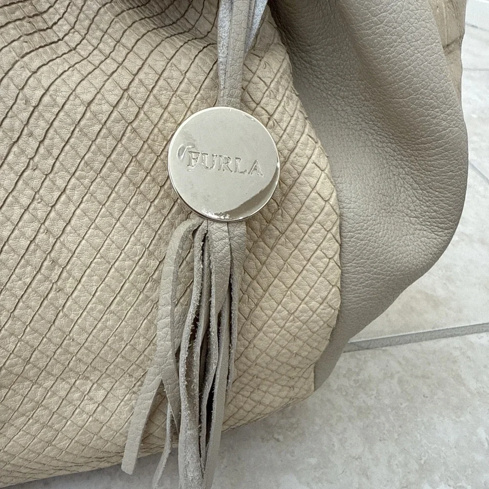 Genuine Furla Embossed Croc & Python Leather‎ Bag Italy Purse Beige Color